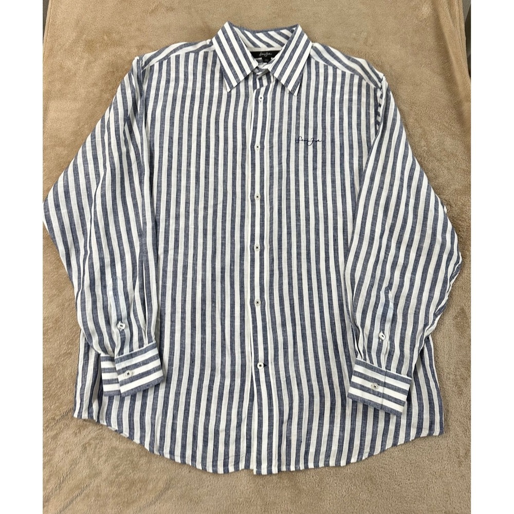 Sean John linen Shirt shirt Mens Size XL Blue White Stripe Button Up Long Sleeve